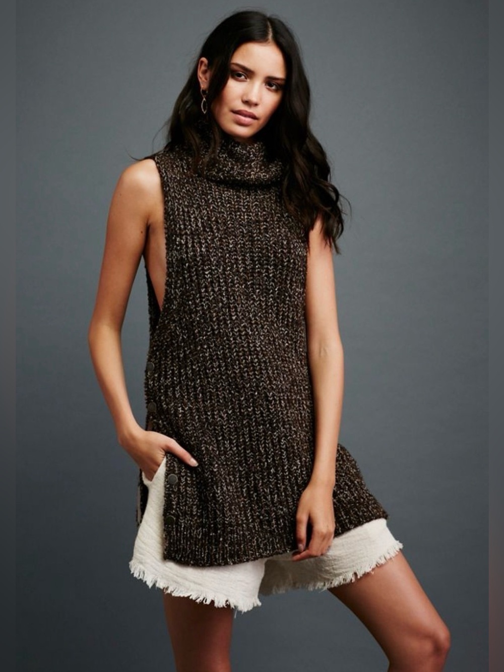 Free People Valentina Sleeveless Tunic Sweater Brown Combo Size XS